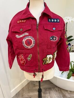 Vintage DKNY Red Denim  Zip-Up Jean Jacket with Embroidered Patches
